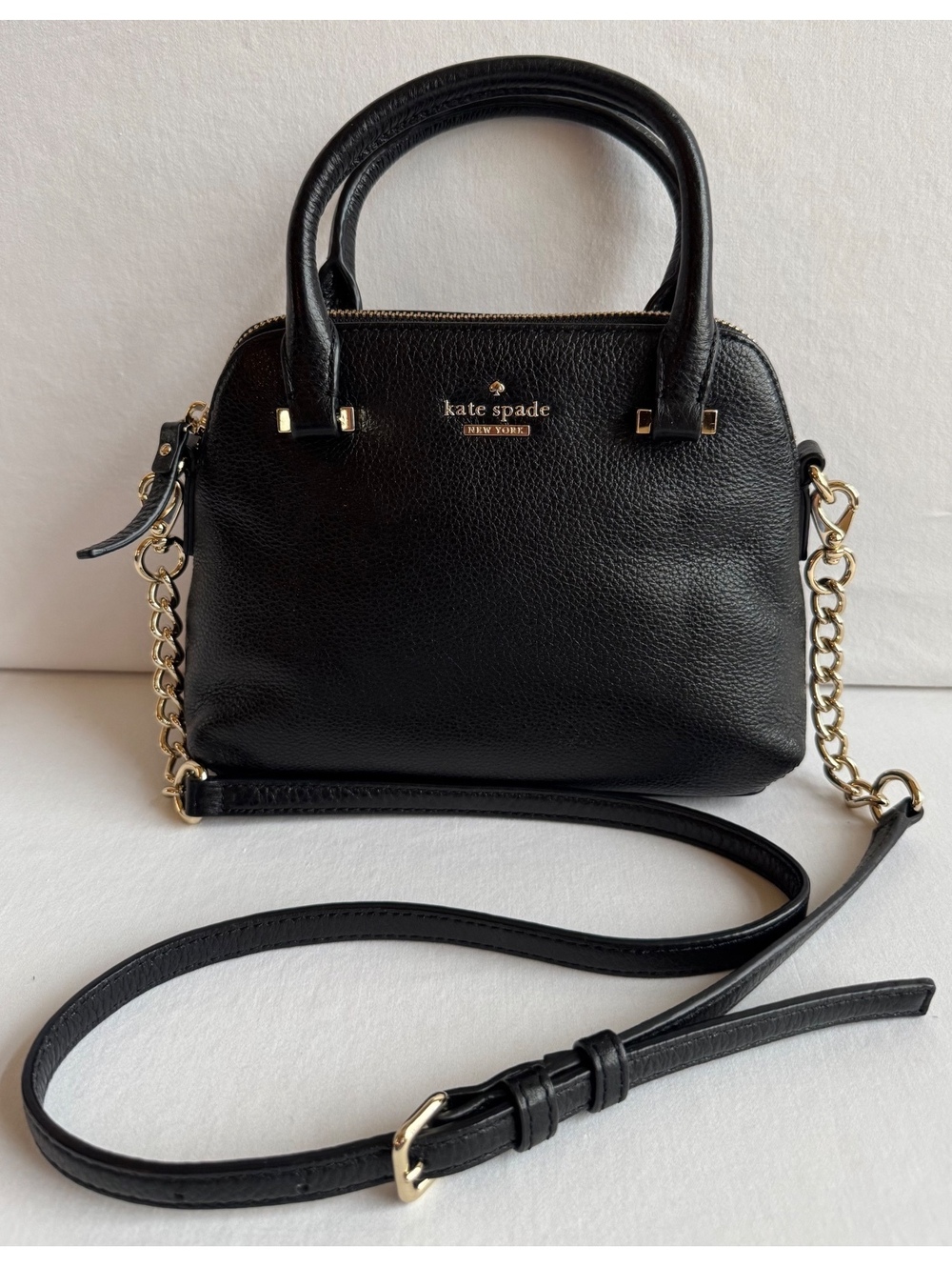 Kate Spade New York Black Sparkle Leather Satchel Shoulder Bag Gold Chain